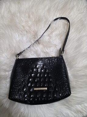 Brahmin Black Croc-Embossed Shoulder Bag with Gold Hardware